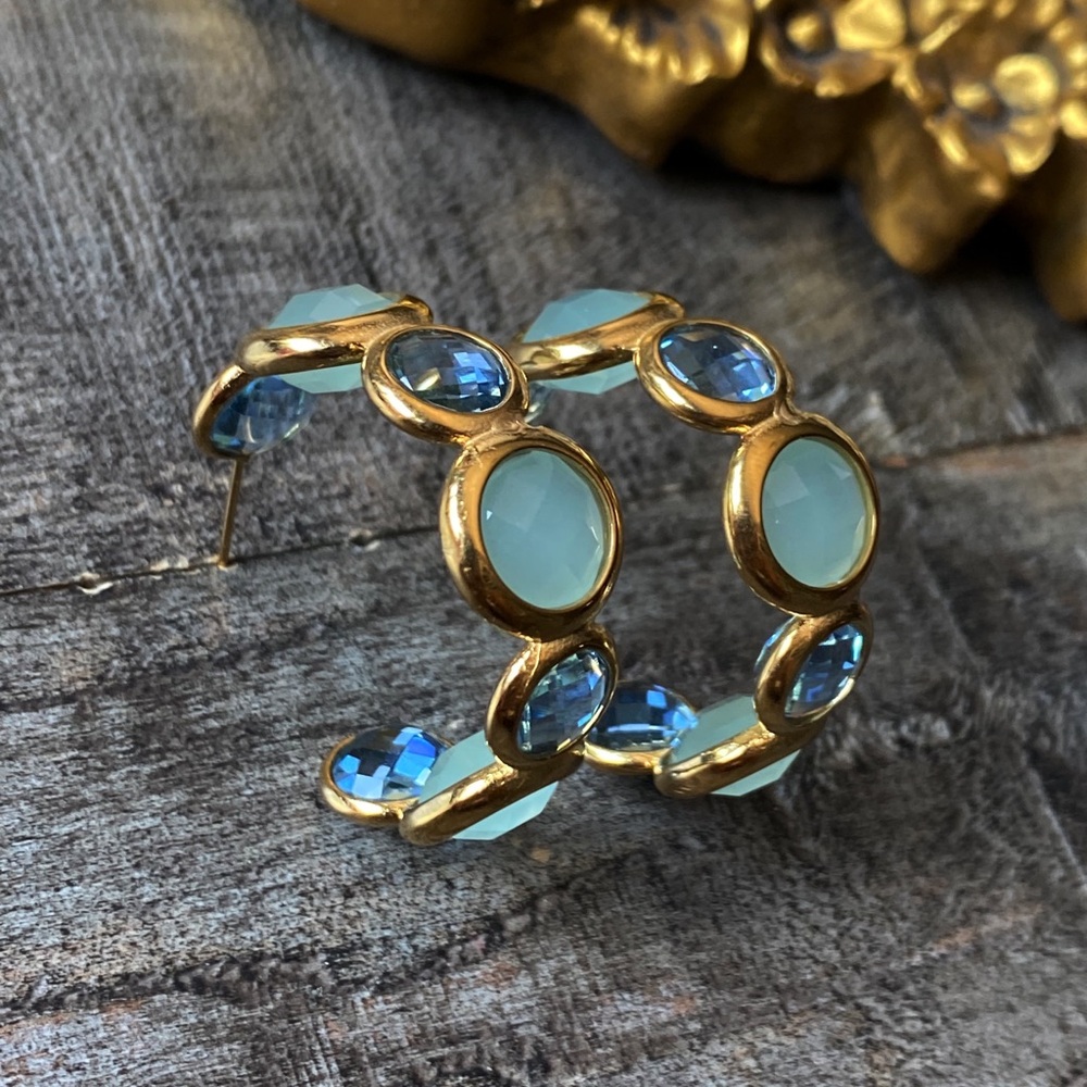 NEW Gold & Blue Stones Chunky Hoop Earrings - Picture 9 of 16